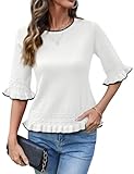 AKEWEI Women's Spring Sweater Peplum Ruffle Hem Cropped Tops Fall Fitted Sweaters Dressy Casual Work Tops for Women White XL