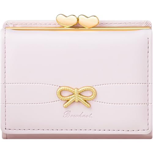 YINHEXI Cute Coquette Bow Wallet for Women Small RFID Blocking Trifold PU Leather Card Holder with ID Window & Aesthetic Design (Bow Pink)