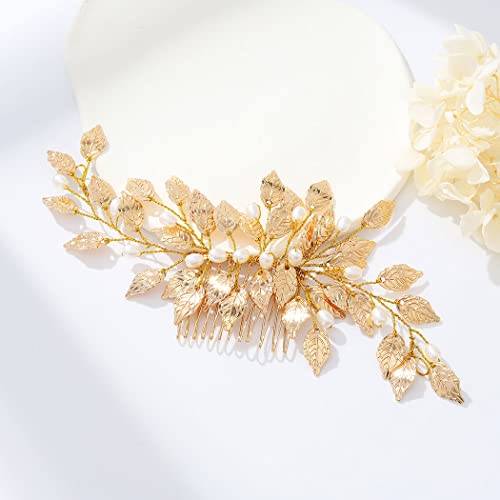 Gorais Leaf Bride Wedding Hair Comb Gold Bridal Hair Pieces Pearl Headpiece Hair Accessories For Women And Girls #TOP4