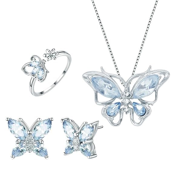 jewelry set for women butterfly pendant necklace silver chain blue crystal earrings adjustable ring choker artificial fashion accessories cz diamonds birthday gifts stylish girls casual wear-image-37
