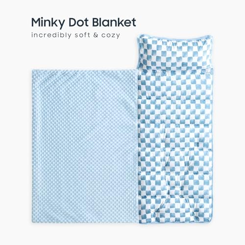 Image of Wake In Cloud - Toddler Nap Mat with Pillow and Minky Fleece Blanket, for Kids Boys Girls Ages 3 Plus in Daycare Preschool, Roll Up Sleeping Bag, Gingham Grid Checkered, Blue White, Standard