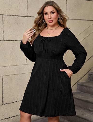 Image of KOJOOIN Womens Plus Size Sweater Knit Dress Square Neck Long Sleeves Tie Front Casual Midi Pullover Fall Dress with Pockets