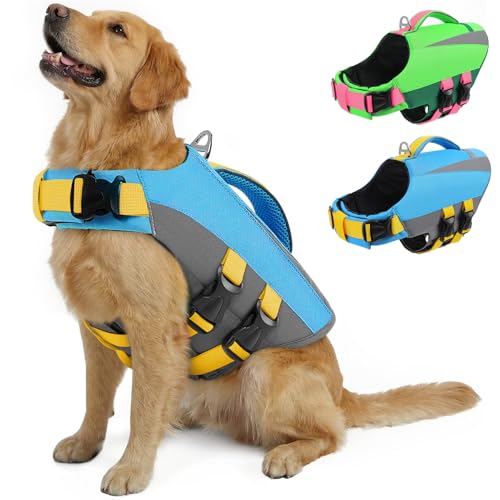 PUZAUKAL Schwimmweste Hund – Verstellbare Rettungsweste für kleine, mittlere & große Hunde mit robustem Griff & reflektierenden Streifen, ideal für Boot, See & Schwimmen