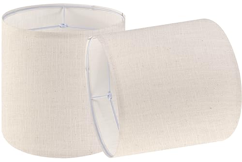 Image of Set of 2 Oatmeal Tall Linen Drum Lamp Shades Medium Lamp Shade 9.8" Top x 9.8" Bottom x 10.8" High (Spider) Farmhouse Lampshade for Table & Beside Lamp - Natural Linen - Lampshades Replacement