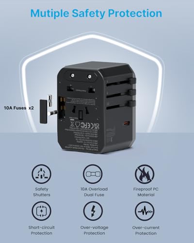 Image of Universal Travel Adapter, VINTAR 70W GaN International Power Adapter with 5 USB Ports (3 USB-C), All-in-one Travel Essentials Plug Adaptor, Travel Adapter Worldwide for UK /EU /USA /AUS, Black