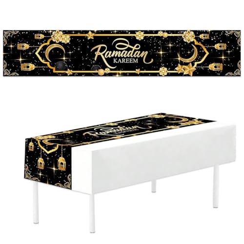 CATZUM Nappe de fête, grande nappe imperméable, lune et étoile, décoration ramadan, ramadan noire, omra decoration, décorations de fête musulmane (35 x 180 cm) (Noir)