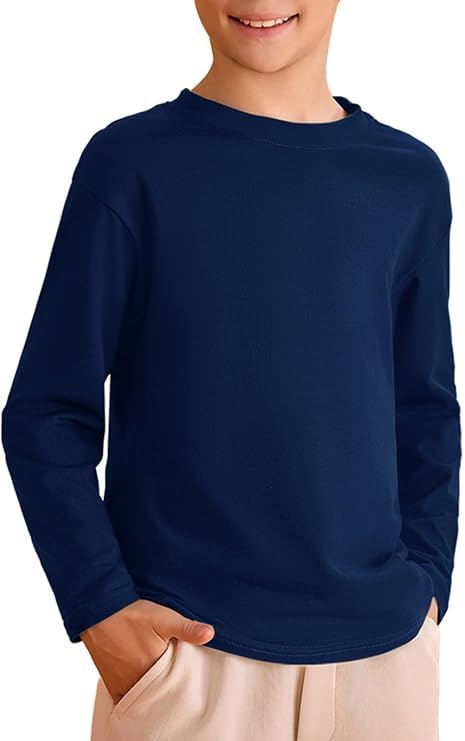 Haloumoning T-shirt à manches longues pour garçon - Col rond - Couleur unie - Basique - Pour les loisirs et le sport, bleu foncé, 13-14 ans