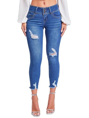 YMI Womens Junior Wannabettabutt 3-Button Mid-Rise Fray Hem Skinny Ankle Denim Jeans, Indigo Blue Rips, 7