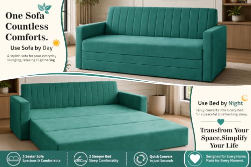 Image of 3-Seater Velvet Sofa Cum Bed with Armrests | Modern Convertible Sleeper Couch | Stylish Sofa Bed for Living Room, Bedroom & Office | Green