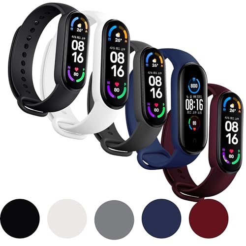 Kit 5 Pulseiras Para Smartband MI Band 5 e 6 Cores Preta Azul Vinho Marsala Cinza e Branco Silicone