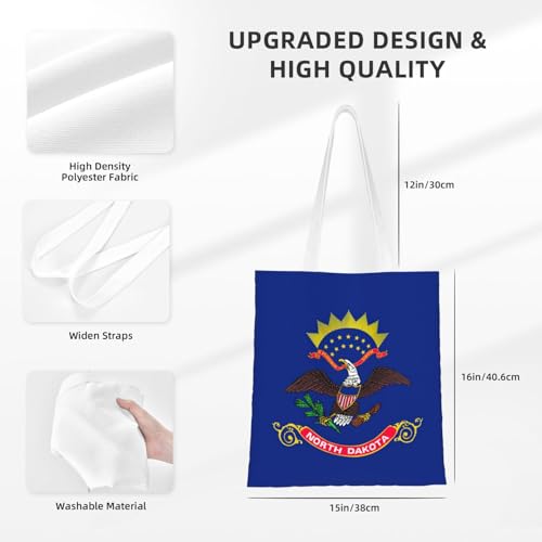 North Dakota State Flag Print Polyester Canvas Tote Bag, Shopping Bag With Reinforced Handles, Reusable4