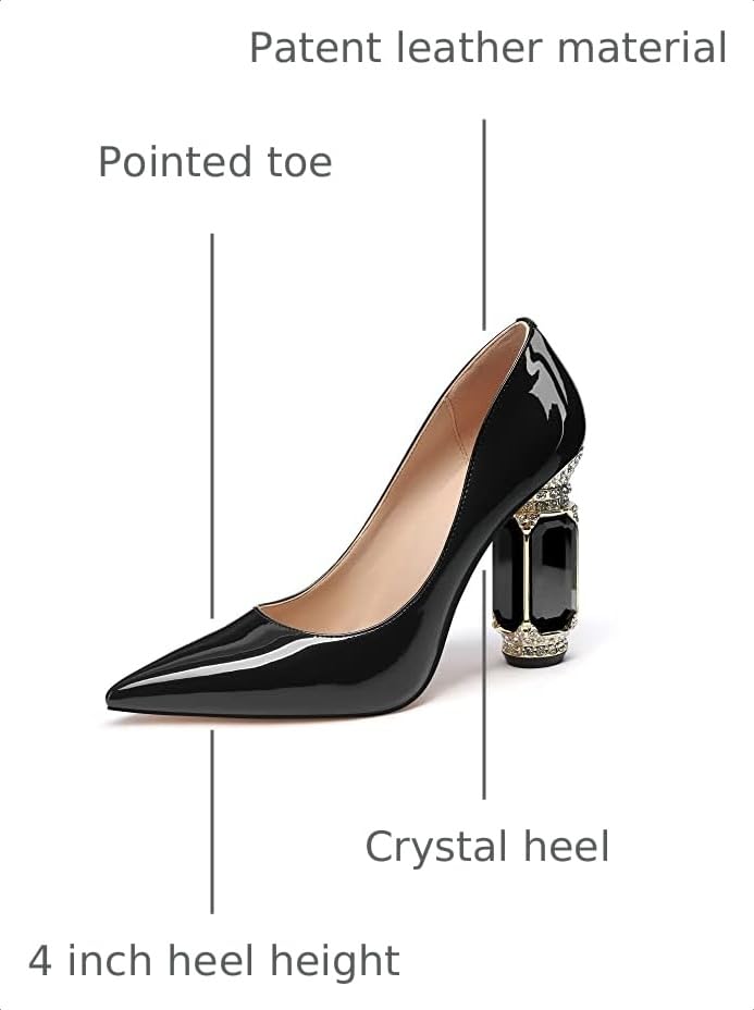 Image of JANSEVEN Women Chunky Heels Pumps Crystal Block Heels with Rhinestones Pointed Toe Sexy Gradient Patent Leather Slip on Bridal Party Wedding Dress Shoes 5-13 M US