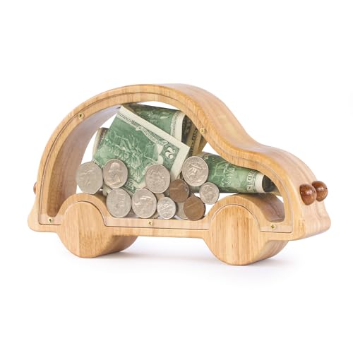 Wooden Piggy Bank for Kids, Cool Car Coin Bank, Custom Clear Large Bills Money Saving Box for Boys, Personalized Coin Bank for Children Birthday, Christmas (Car Style)