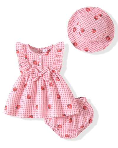Vibebox Baby Girl Dresses 6-9 Months Ruffle Sleeveless Waist Bow Button Dress Gifts Infant Girls 9-12 Months Pink Strawberry Summer Beach Garden Party Wedding Sundress Sets with Hat and Underwear