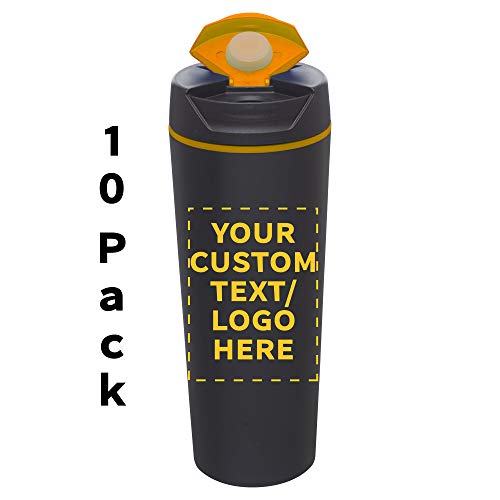 Custom Double Wall Plastic Travel Mugs 18 Oz. Set Of 10, Personalized Bulk Pack - Perfect For Coffee, Soda, Other Hot & Cold Beverages - Black Orange #TOP5