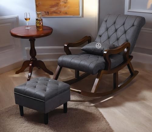 Image of Solid Sheesham Wood Rocking Chair for Living Room with Footrest and Pillow | Ergonomic Resting Chair with Ottoman for Relaxing and Pregnant Women (Grey)