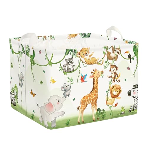 Image of HUUMONSS Giraffes Baby Laundry Hamper with Handle Collapsible Clothes Kids Storage Basket Elephants Boys Girls Gift Toy Box Bin for Nursery Room, White, 36L