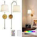 Battery Operated Wall Sconce Set of 2, Rechargeable Wireless Wall Decor Sconces, Two Battery Powered Wall Lights, Dimmable Magnetic RGB Bulbs & Remote, Lamp for Living Room Bedroom - Gold