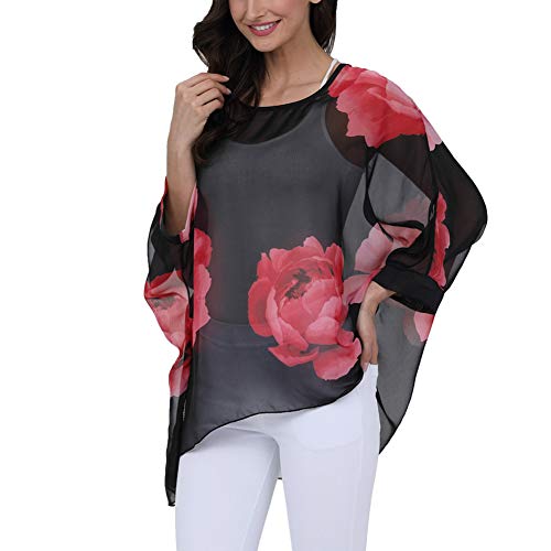 Image of Ckikiou Plus Size Batwing Flowy Semi Sheer Chiffon Blouse Tunic for Women Summer Floral Print Boho Beach Cover ups