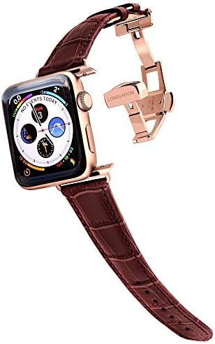 Longvadon Women's Caiman Series Watch Band - Compatible with Apple Watch 42MM (Series 1-3) & 44MM (Series 4-6) - Genuine Top Grain Leather - Mahogany Brown with Gold Details - M Size