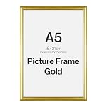 Modern Gold A5 Photo Frame for A5 (15 x 21cm) Photos or Pictures, Plexi Glass, Freestanding or Wall Mounted Landscape or Portrait