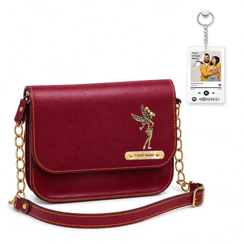 Image of SAVRI Personalized Rakhi Gift for Sister | Customized Leather Sling Bag with Name & Charm and Spotify Photo Keychain with Favourite Song, Personalised Gift Combo for Sister, Behan, Didi- Bro Sis Gift