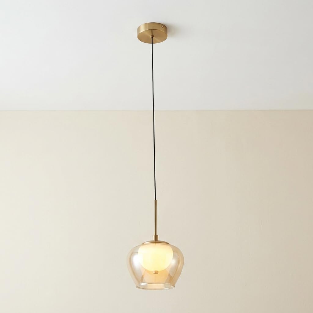 3 Color Mode Amber Glass LED Pendant Light | Modern Gold Finish Hanging Ceiling Lamp | Decorative Indoor Lighting Fixture for Dining Room, Kitchen Island, Living Room & Bedroom-image-28