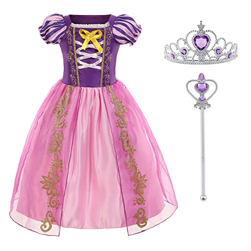 Foierp Robe de Princesse Raiponce - Déguisement Costume pour Enfants Fille 3-12 ans avec Baguette et Couronne Halloween Cosplay Carnaval Pageant, Manches Bouffants