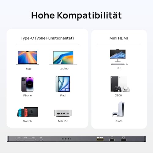 ARZOPA Portable Monitor 15,6 Zoll FHD 1080P, Tragbarer Monitor Space Grau Ultra-Slim mit Kickstand, IPS Display für Laptop, PC, Mac, PS5, Xbox, Switch, USB-C & HDMI Anschluss, A1 Grau
