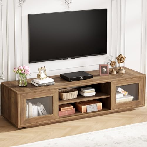 For Tvs Up To 60 Inches, Modern Low Profile Tv Console Cabinet With Sliding Doors And Storage, Wood Media Console Entertainment Center For Living Room
