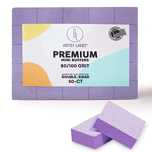 Artist Land Purple Mini Buffer Set 80/100 Grit – 50 Ct - Professional Grade Salon Quality Nail Buffing Blocks Pack For Pre-Application Of Polish, Gel, Acrylic, Double-Sided Buffer Blocks #TOP3