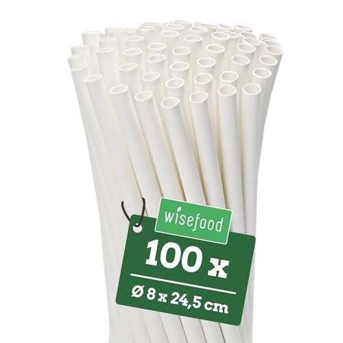 Wisefood Lot de 100 pailles en papier, 25 cm, diamètre : 8, blanches, alternatives, sans plastique, pour anniversaire, mariage, bricolage : cocktails, boissons gazeuses, eau, limonade