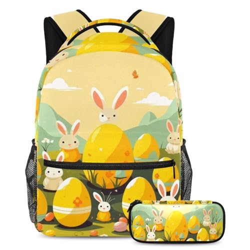 Sac à dos œuf de lapin de Pâques jaune avec trousse pour filles et garçons