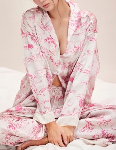 Image of Arssm Satin Pajama Set for Women Silk Pajamas Set 2 Piece Floral Pj Set Long Sleeve Button Down Pjs Sleepwear