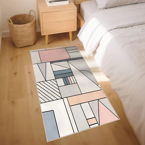 Tapis salon motif géométrique moderne gris rose grand format