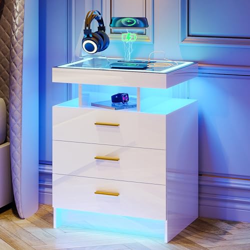 Gurexl Smart Mesitas de Noche con Función de Carga Armario con Cajones y LED RGB de 24 Colores Mueble