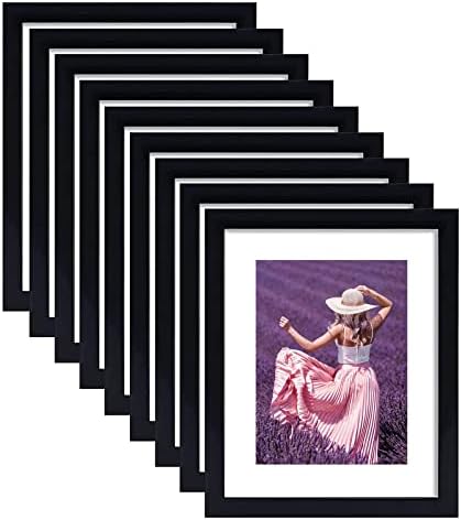 HEGATY 8x10 Picture Frame Black Set of 9, Display Pictures 5x7 with Mat or 8x10 Without Mat for Wall Mounting or Table Top Display