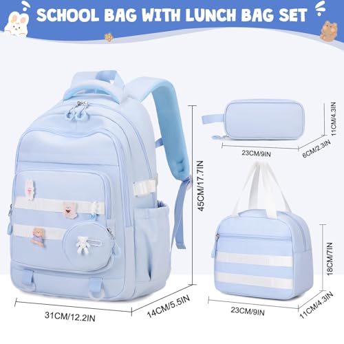 Backpacks for Girls - 4PCS Girls Backpack with Lunch Bag & Pencil Pouch Coin Pruse for Teens Kids Elementary Middle High School College Student Bookbag Daypack (Blue)2