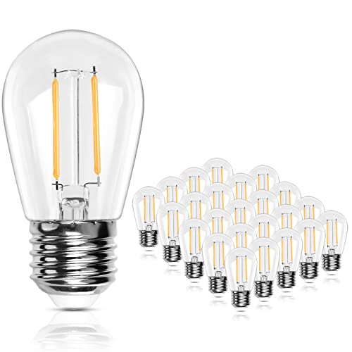 BRIMAX 2W S14 Replacement LED Light Bulbs, Shatterproof, 2200K Warm White, 11W Equivalent, E27 Edison Base Non-dimmable, Plastic LED Filament Bulb for Outdoor String Lights Replacement, 25Pack