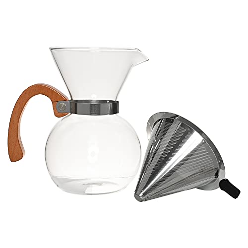 Mimo Style Passador de Café Vidro Borossilicato 16cm com Cabo de Bambu e Filtro de Aço Inoxidável Re