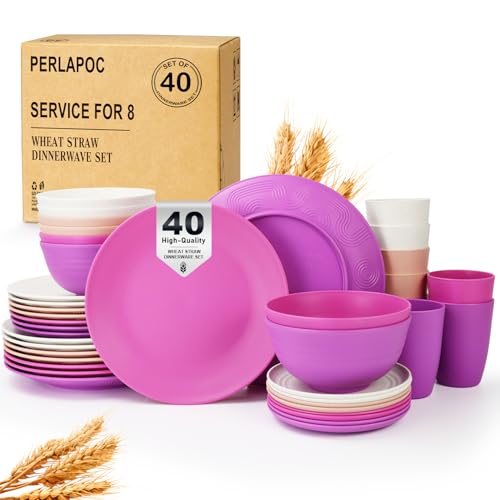 Image of Wheat Straw Dinnerware Sets 40 PCS Bowl and Plate Sets With Cup Dishes Set for 8 Unbreakable Dish Sets Microwave Safe Plates Dinner Bowls Drinking Glasses With 4 Color - Flower Color