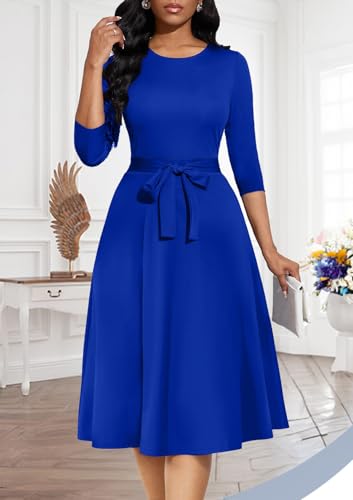 Image of Casual Dresses for Women Midi Church A-Line Fit and Flare Dress Crewneck 3 /4 Sleeve Party Dress