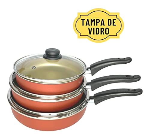 Conjunto Frigideira Antiaderente 3 Peças Com Tampa De Vidro (Cereja)