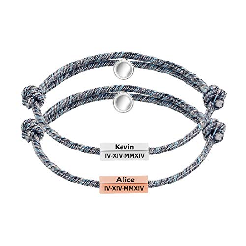 Braided Rope Bracelets Mutual Attraction Magnetic Bracelet for Couple Custom Engraving Stainless Steel Name Plate Bar Bracelet for His and Hers 2Pcs/Set