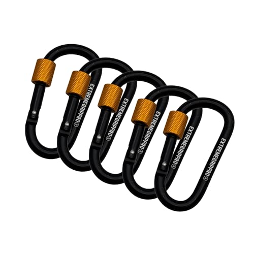 Image of 5 Pack Heavy Duty Carabiner Clips – Aluminium Screw Lock D-Ring Keychain Clips for Camping, Hiking, Backpacking & Everyday Use | Lightweight Carabiners for Keys, Gear & Travel (Black Gold)