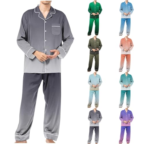 Cambkatl Gradient Pajamas Sets for Men, Smooth Long Sleeve Button Down Satin Silk Sleepwear 2-Piece Pjs Loungewear2