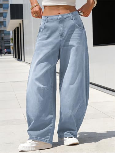 Image of EXLURA Womens Barrel Jeans Wide Leg Y2K Boyfriend Denim Pants Hip Hop Vintage Baggy Jeans Cotton Mid-Low Elastic Waist Pants
