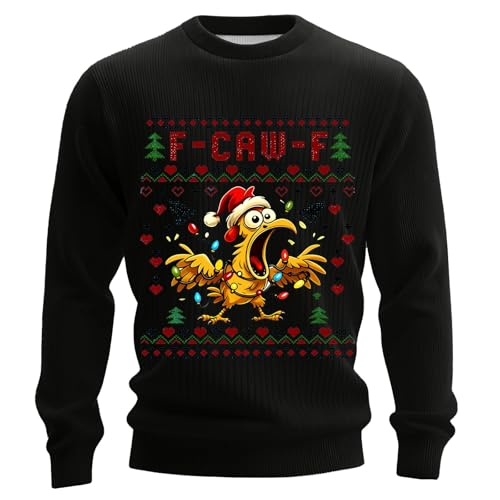 Ugly Christmas Jumper Men F-CAW-F Round Neck Jumpers Holiday Lightweight Funny Scream Chicken Knitted Tops Sweater Loose Fashion Male Xmas Clothes(Black, XXL)