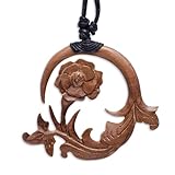 81stgeneration Handmade Wooden Flower Necklace with Adjustable Cord - Carved Rose in Circular Frame - Boho Natural Wood Botanical Jewellery - Eco-Friendly Hippie Rustic Folk Necklace for Women - Image 1
