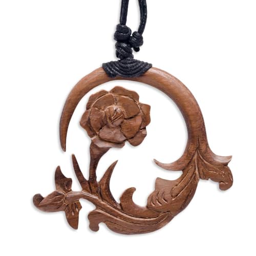 81stgeneration Handmade Wooden Flower Necklace with Adjustable Cord - Carved Rose in Circular Frame - Boho Natural Wood Botanical Jewellery - Eco-Friendly Hippie Rustic Folk Necklace for Women